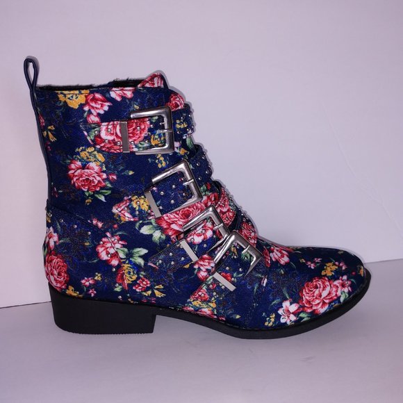 Qupid Rose Print Blue Denim Ankle Boots Buckles 5.5 - 10 - Picture 9 of 11